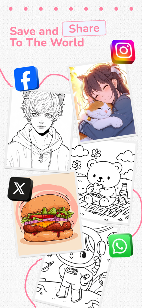 AR Sketch & Trace - Una pantalla que muestra varias plantillas de dibujo como anime y comida con íconos de redes sociales para compartir arte en Instagram y Facebook.