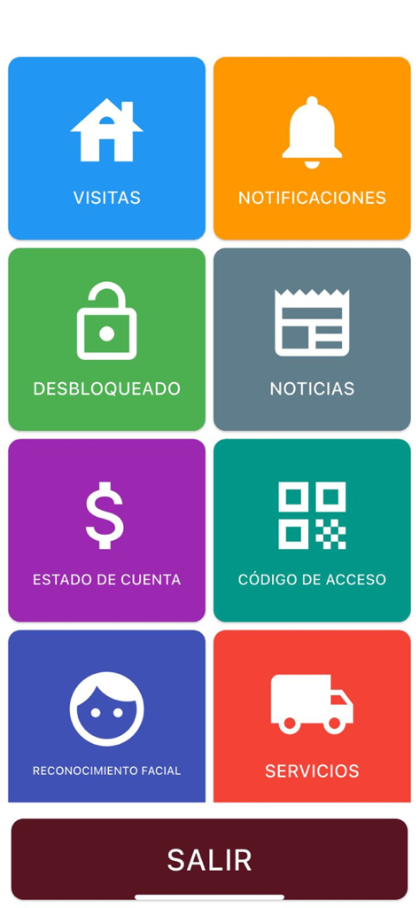 Easy/Check Fraccionamientos - Menú principal de la aplicación Easy Check Fraccionamientos con una colorida cuadrícula de íconos para la gestión de seguridad y visitantes