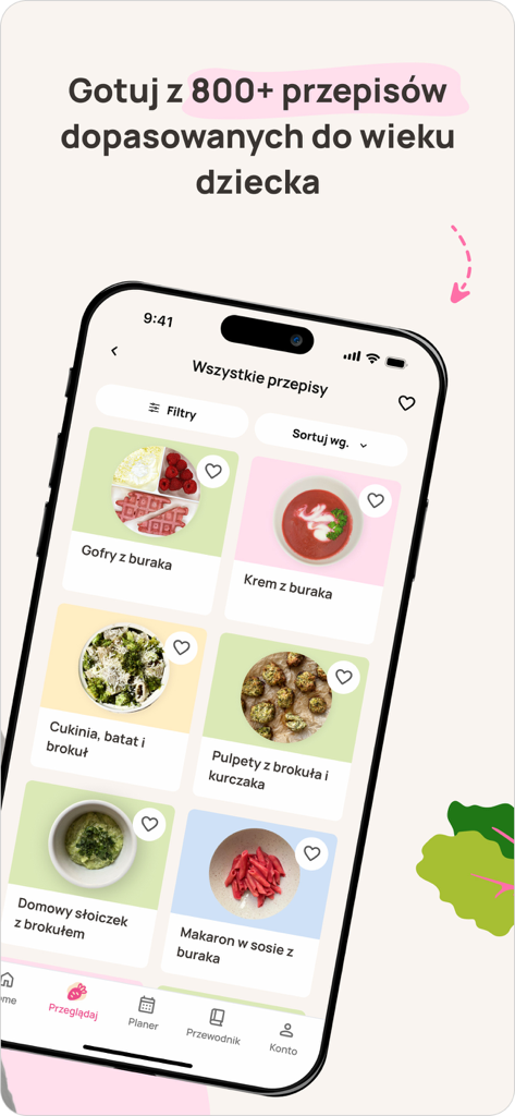Pierwsze Smaki - Interfaz de aplicación móvil que muestra recetas saludables de comida para bebés con fotos de comidas y nombres