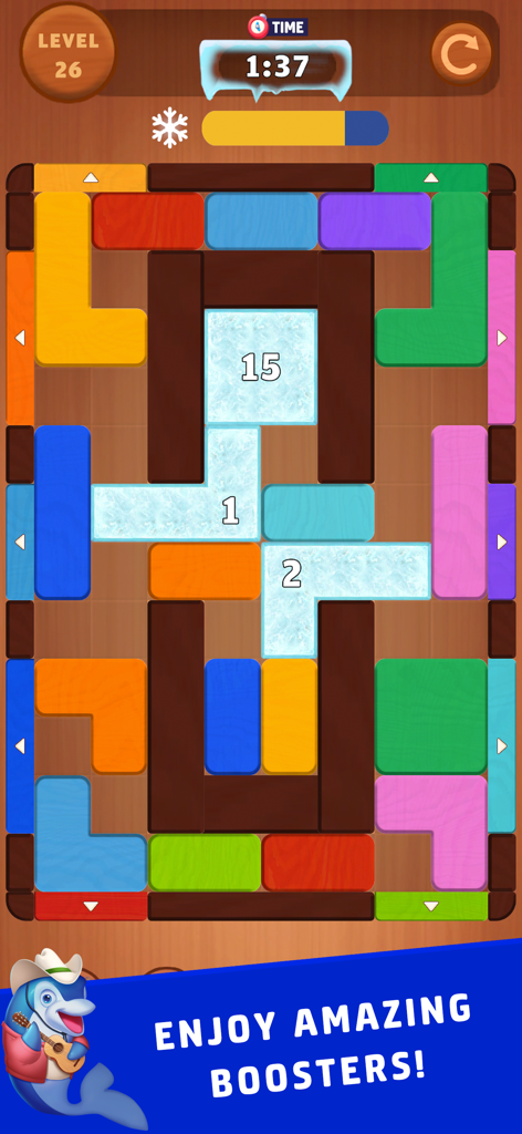 Wood Block Jam Master - Wood Block Jam Master gameplay screen showing a colorful sliding wood block puzzle with ice mechanics and boosters