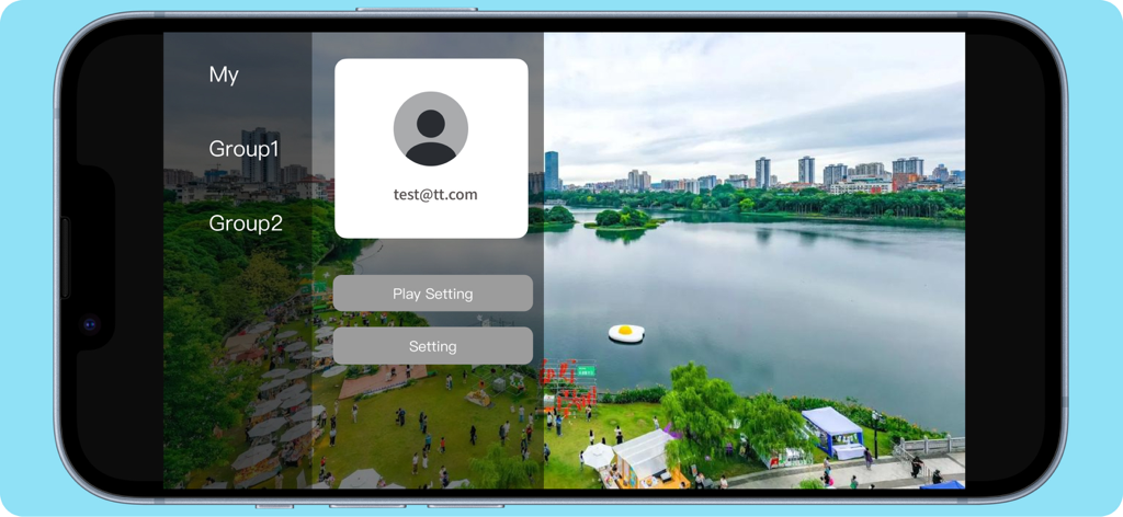 User profile and settings interface of the itvPlayer IPTV app showing menu options over a scenic background.
