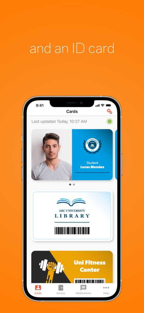 Gallagher Mobile Connect - iPhone screen showing digital student and library ID cards in the Gallagher Mobile Connect app interface
