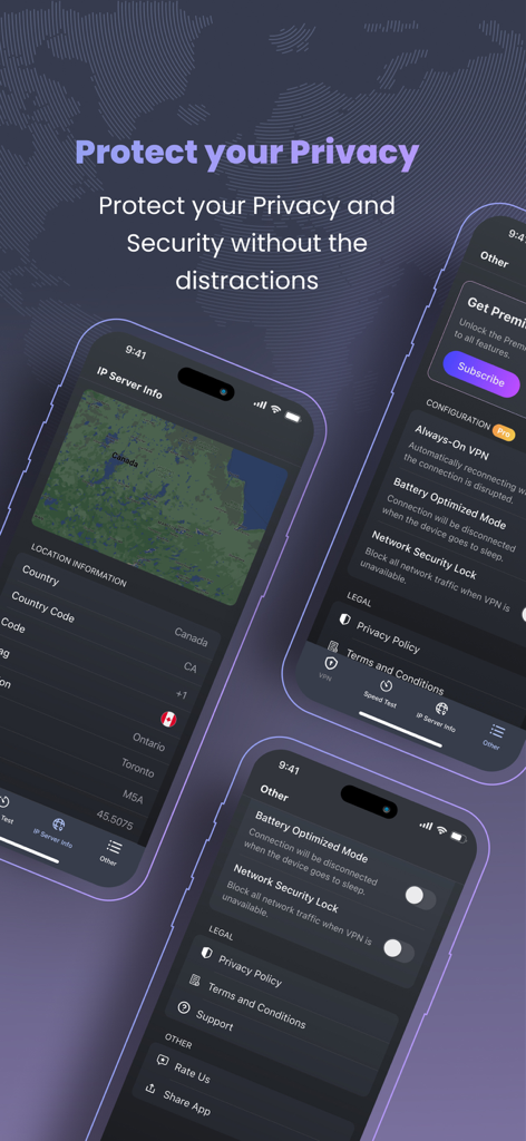 Captures d'écran de l'application Owl VPN montrant les fonctionnalités de protection de la vie privée et les informations de localisation des serveurs pour le Canada