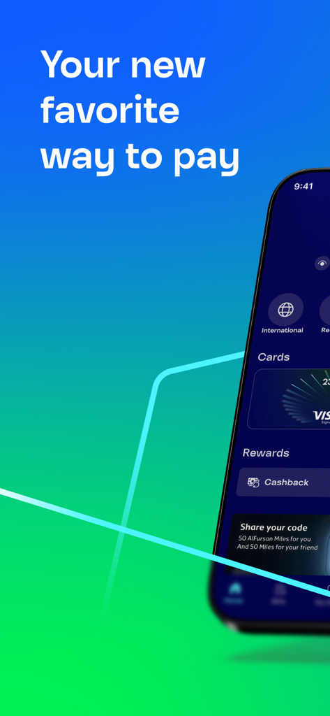 Mobily Pay digital wallet interface displaying cards rewards and international transfer options