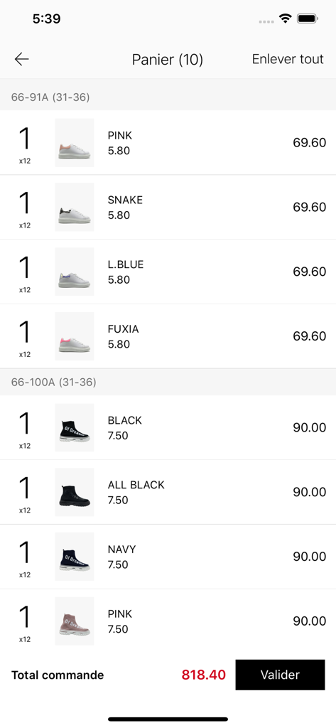 Doremi Paris - Écran du panier d'achat de gros montrant les commandes professionnelles de chaussures pour enfants et le prix total dans l'application Doremi Paris