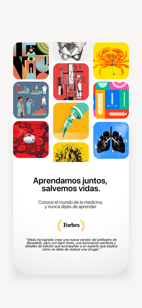 Medu - Pantalla introductoria de la aplicación de educación médica Medu con coloridas ilustraciones médicas y un respaldo de Forbes