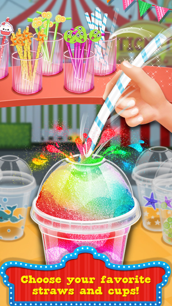 Slushy! - Make Crazy Drinks - A colorful rainbow slushy with a striped straw and various decorative cups at a carnival