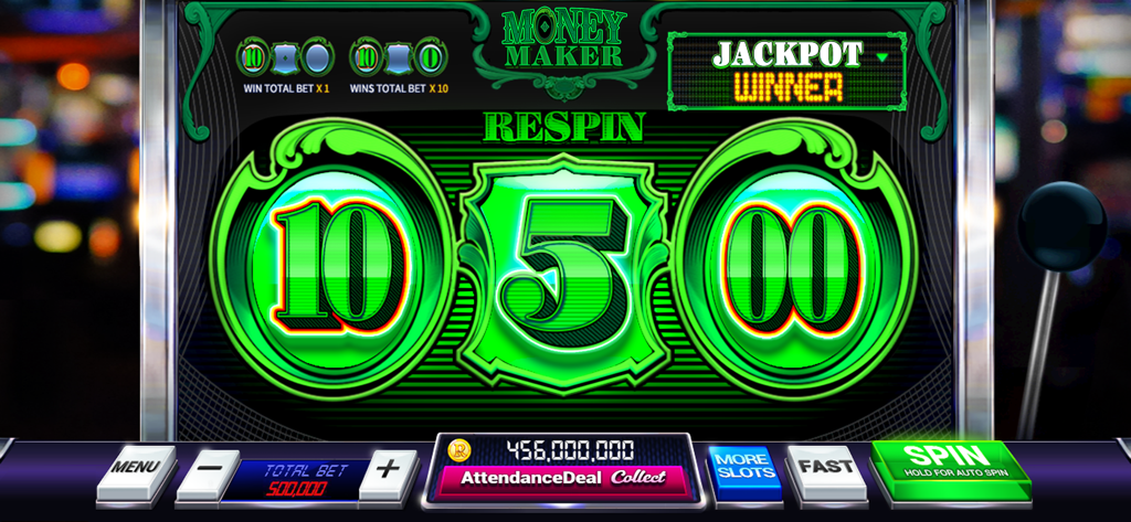 Rock N Cash Casino Money Maker slot machine interface with jackpot winner announcement