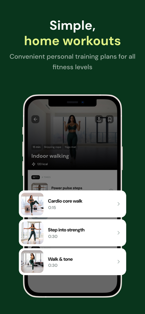 Smartphone display showing personalized indoor walking and low impact home workout plans in the Lasta Fit app