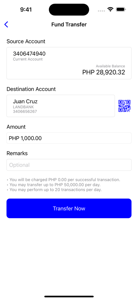 OFBank Mobile Banking - Fund transfer screen of the OFBank app showing source and destination account details with a transfer now button