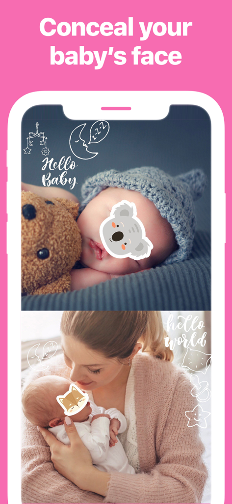 A mobile app interface demonstrating how to conceal a baby's face using cute animal stickers for privacy on social media.