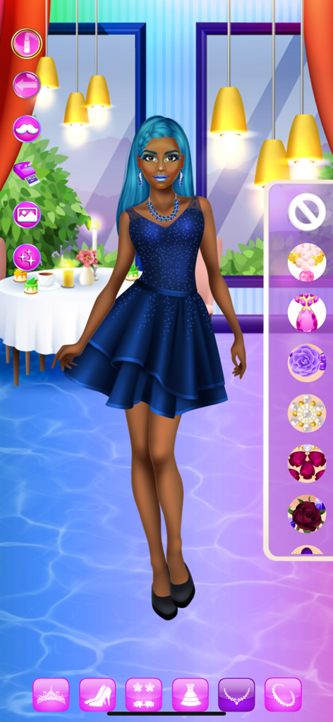 A digital doll character with blue hair wearing a sparkling dark blue dress in a fashion makeover game interface