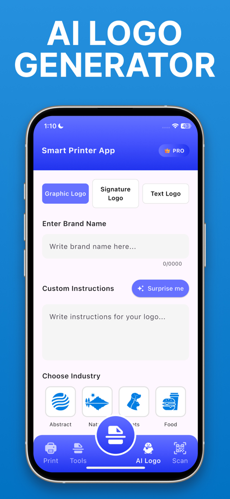 Smart Printer App for HP Smart - ブランド名を入力し、業種を選択するオプションを備えたスマートプリンターアプリのAIロゴジェネレーター画面