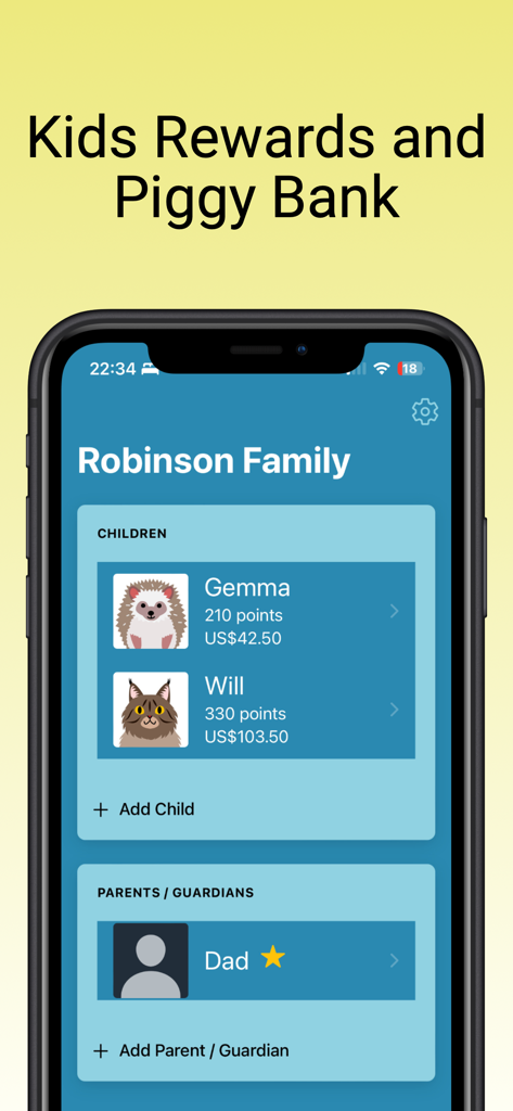 Rewards Kids: Chores & Money - Panel de la aplicación Rewards Kids que muestra los puntos de recompensa de los niños y los saldos de la hucha virtual