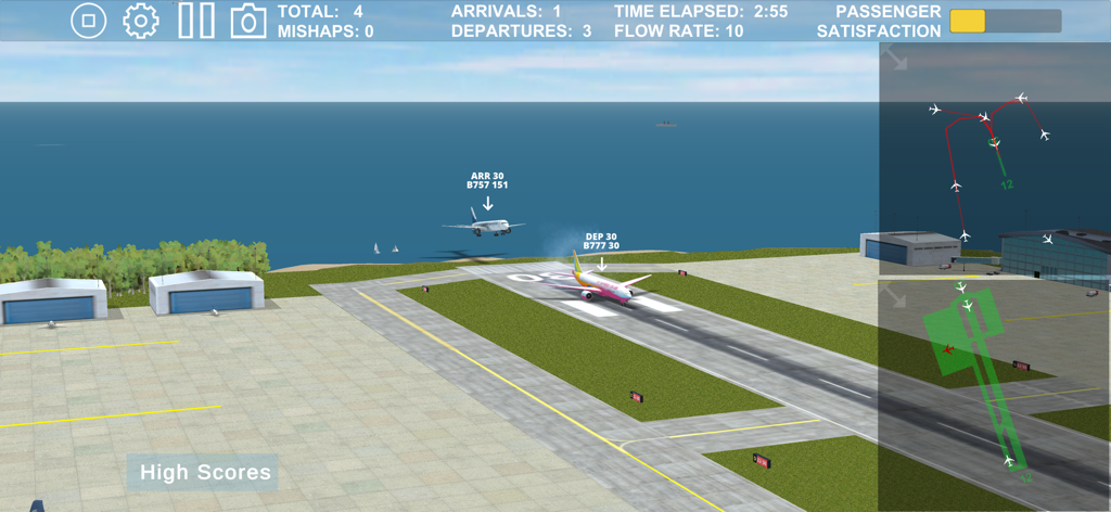 Airport Madness 3D air traffic control simulation showing aircraft on a runway and radar screens