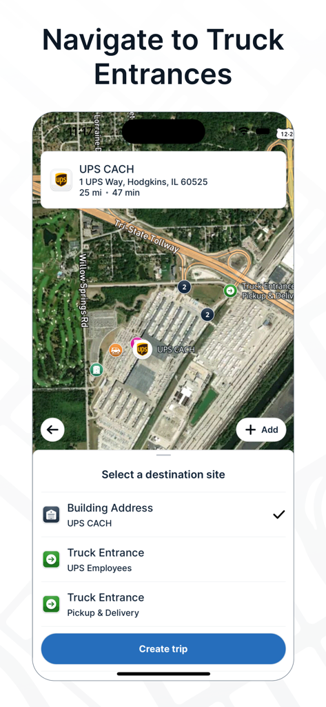 TruckMap app interface showing navigation to specific truck entrances at a logistics facility
