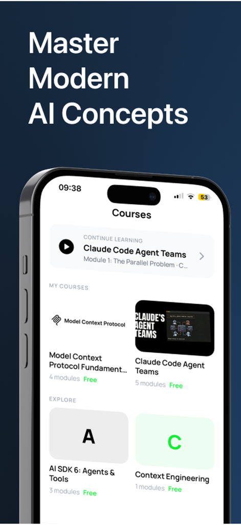 Smartphone-Bildschirm, der das Kurs-Dashboard der KI in einer Shell-App anzeigt, um moderne KI-Konzepte wie Claude Code und Agent Teams zu meistern.