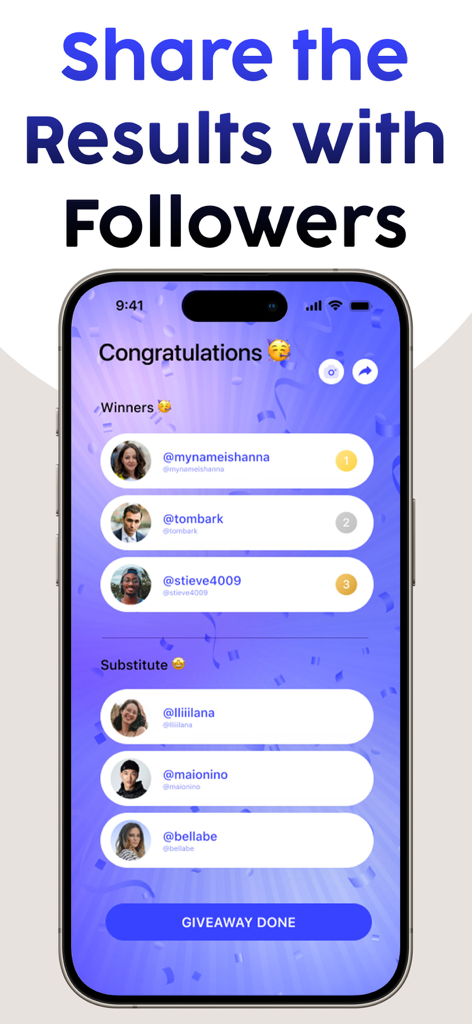Giveaway for Instagram Luckify - Luckify app screen showing a list of winners and substitutes for an Instagram giveaway