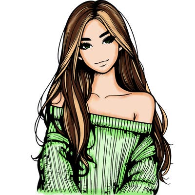 realistic girl with long hair wearing an off the shoulder sweater
