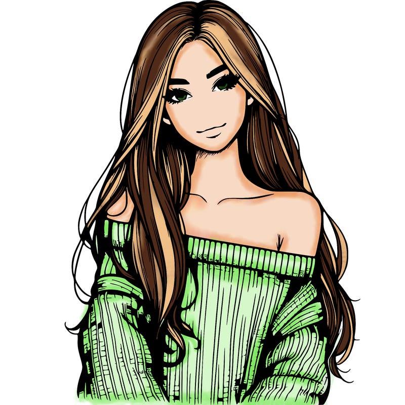 realistic girl with long hair wearing an off the shoulder sweater