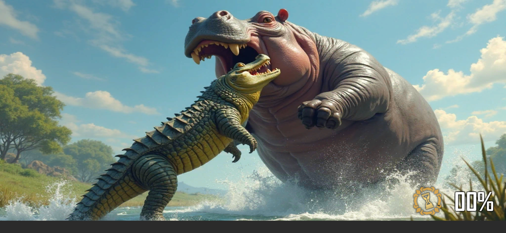 Eine epische Schlacht zwischen einem großen Nilpferd und einem Krokodil in einem realistischen Natur-Simulator.