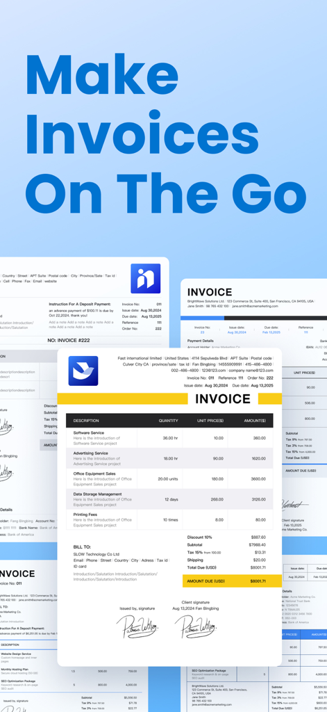 Una muestra de plantillas de facturas profesionales con el titular Crea Facturas Sobre la Marcha