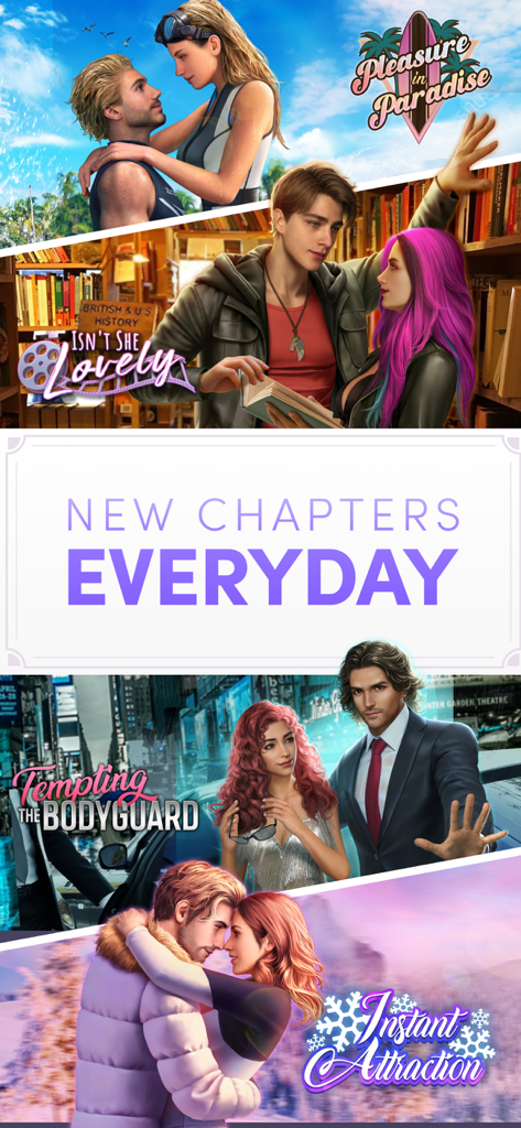 A collage of romantic interactive story covers with a banner announcing new chapters every day.