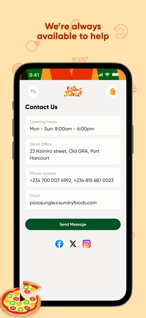 Pizza Jungle - Contact Us screen of the Pizza Jungle app showing store hours and customer support details