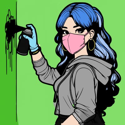 realistic girl with mask spray painting a wall