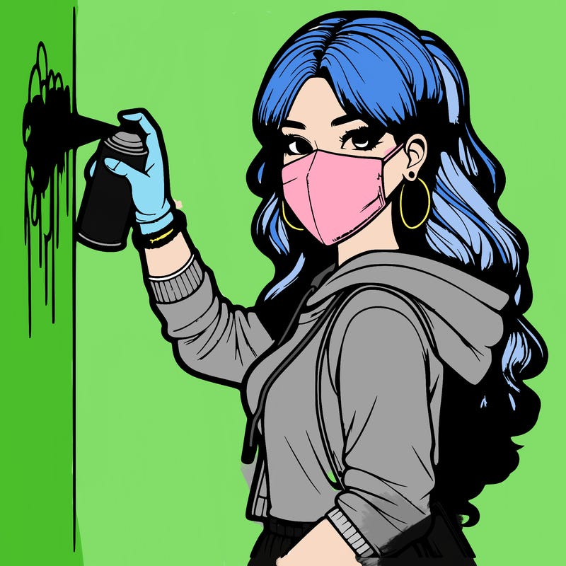 realistic girl with mask spray painting a wall