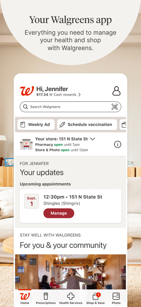 Walgreens - Walgreens mobile app home screen showing health services and shopping tools