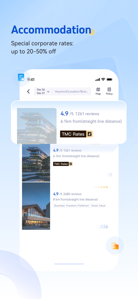 BizTravel-TMC experts - L'interface de l'application BizTravel affiche les réservations d'hôtels d'entreprise avec des tarifs réduits des agences de voyages d'affaires.