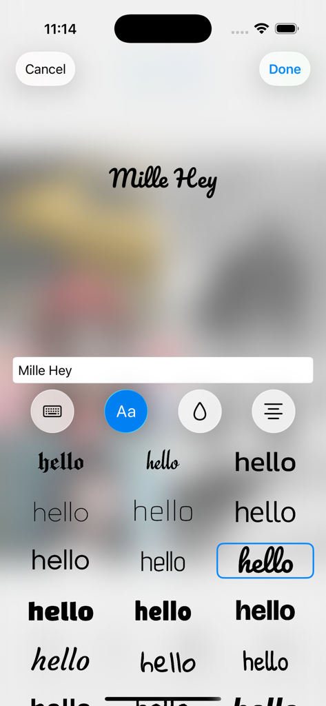 Sehory - Photo Collage Layout - Interfaz de la aplicación Sehory para editar texto con varios estilos de fuente y opciones de personalización