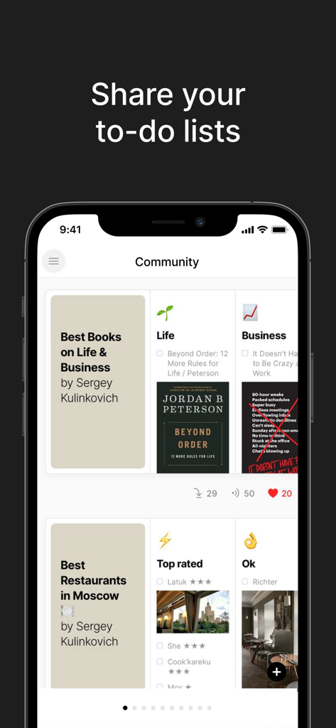 Interfaz de la aplicación Timestripe que muestra listas de tareas compartidas por la comunidad y tableros de productividad