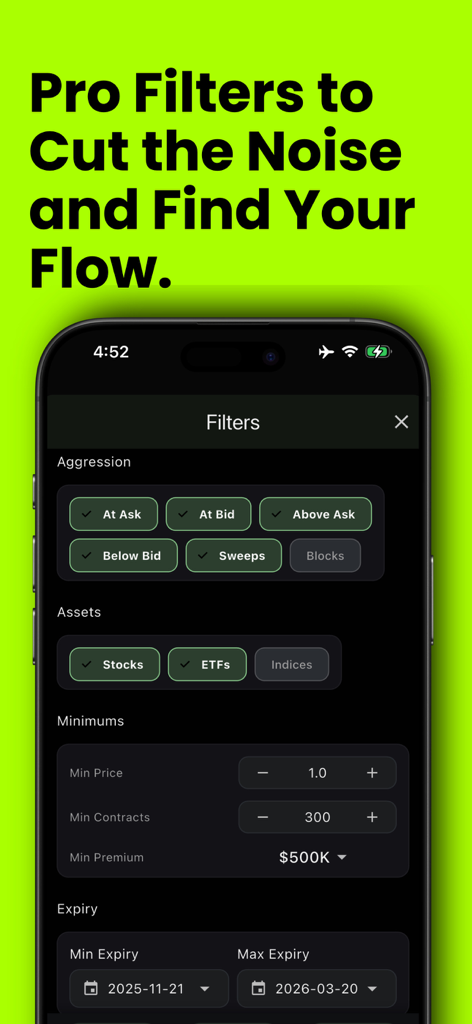 Flow Greeks app screen showing advanced pro filters for options trading aggression and asset types