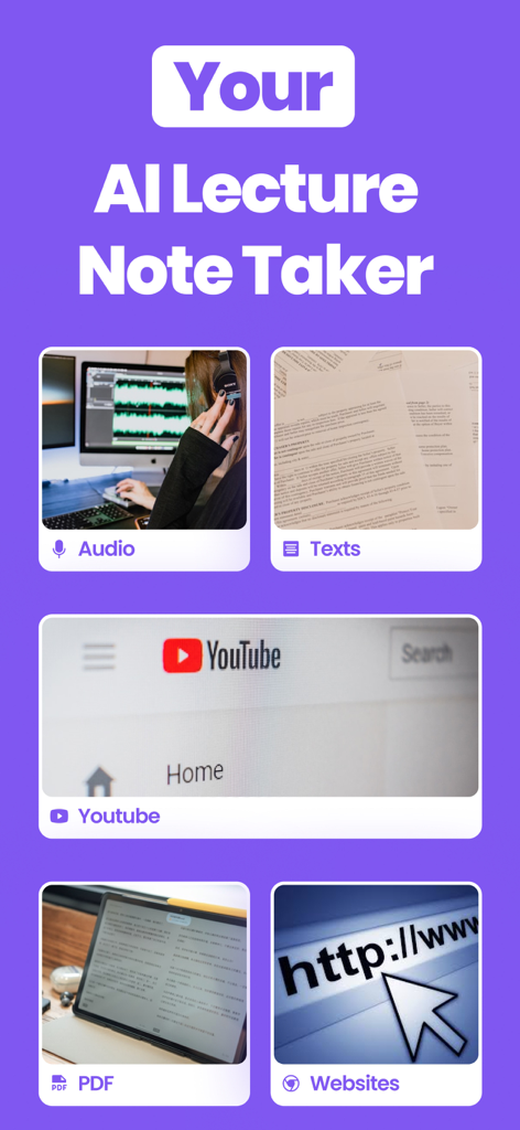 Summary AI Note Taker: NoteGPT - Graphic showing AI note taking options for audio, text, YouTube, PDF, and websites