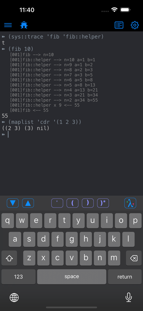 My Lisp - 피보나치 함수 추적 및 Lisp 명령이 있는 코드 인터프리터를 보여주는 iPhone의 My Lisp 앱 인터페이스.