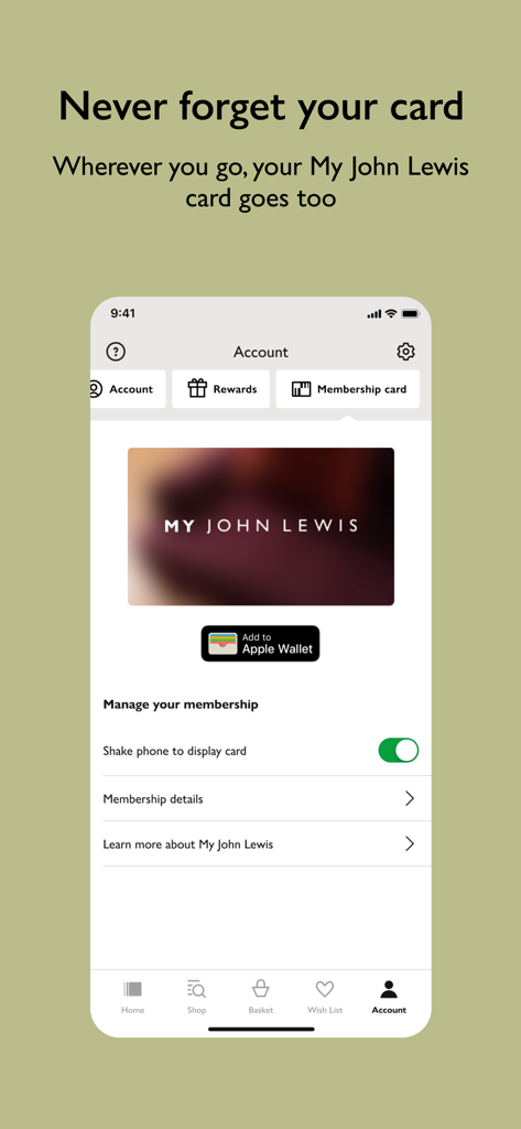 Die Konto-Oberfläche der John Lewis App zeigt die digitale Mitgliedskarte von My John Lewis und die Schaltfläche 'Zum Apple Wallet hinzufügen'.
