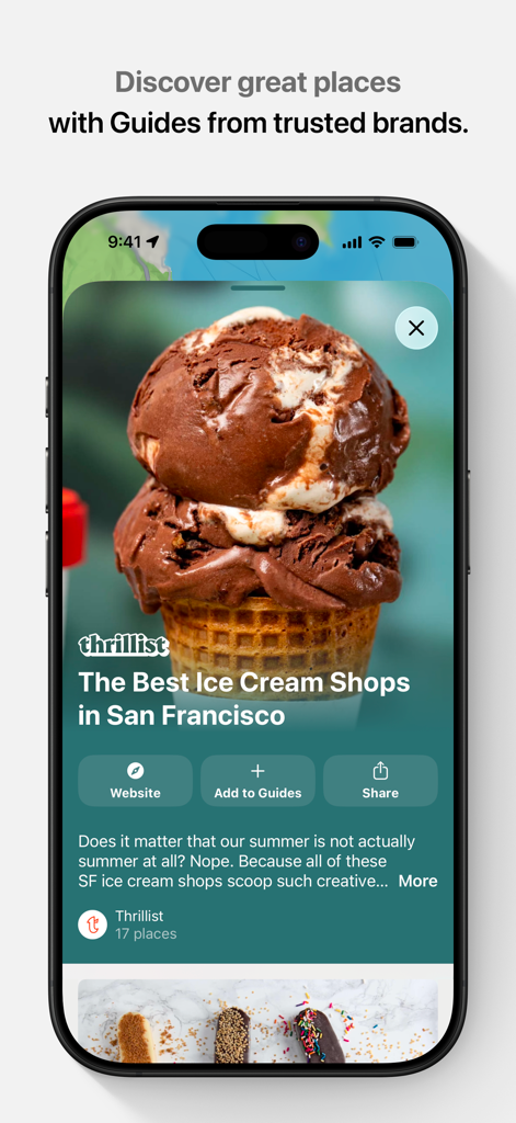 Apple Maps - Interface do Apple Maps mostrando um guia de cidade selecionado pela Thrillist intitulado Os Melhores Lugares para Tomar Sorvete em São Francisco.