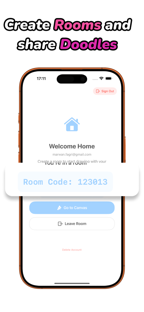 Doodle Together: Draw & Color - Interface showing a unique room code for collaborative drawing in the Doodle Together app