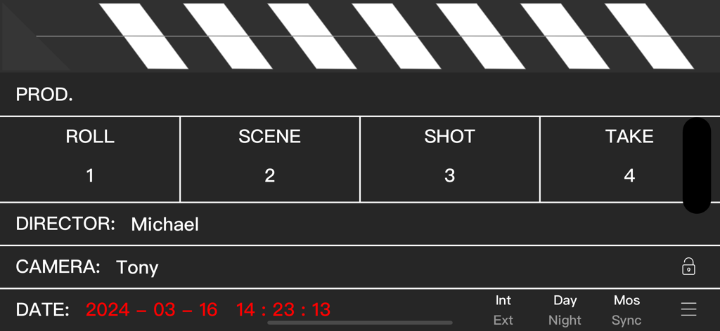 eSlate digital clapperboard app interface showing production details like roll scene shot and take