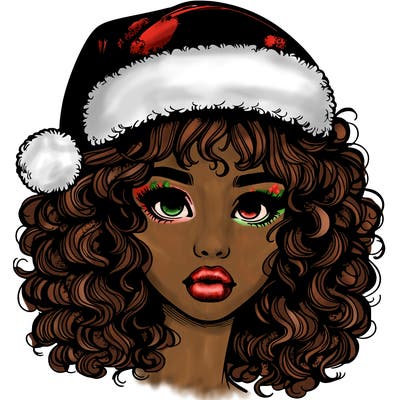 realistic girl with a santa hat curly hair and lips