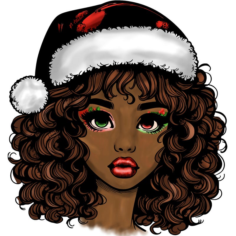 realistic girl with a santa hat curly hair and lips