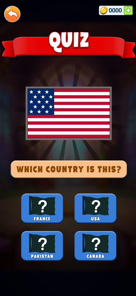 Flag Coloring Puzzle Games - A screenshot of a flag quiz game showing the USA flag and multiple choice country options.