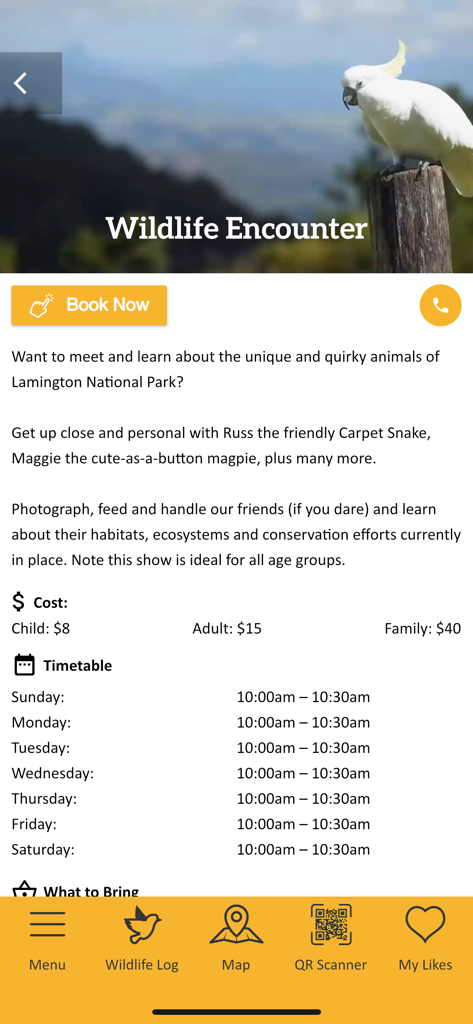 Wildlife Encounter activity booking page in the Oreillys app showing pricing and timetable