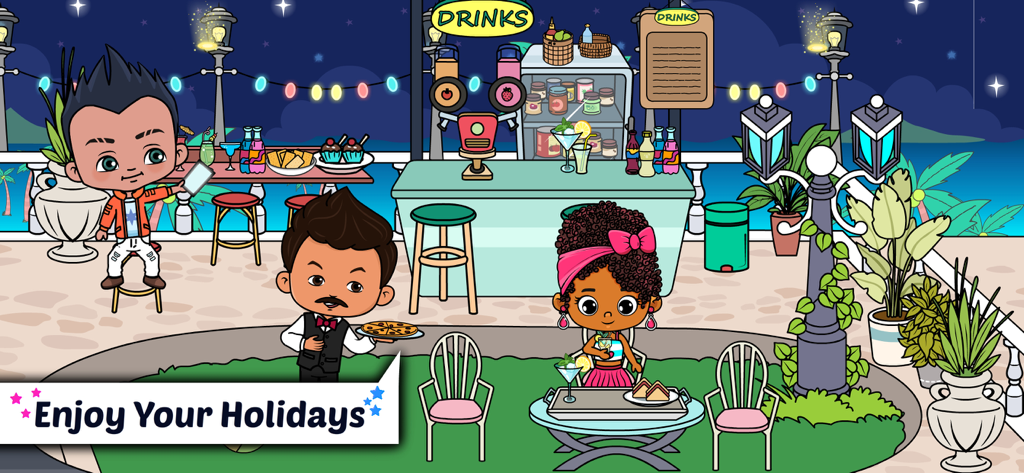 Charaktere genießen Speisen und Getränke an einer luxuriösen Hotel-Außenbar bei Nacht