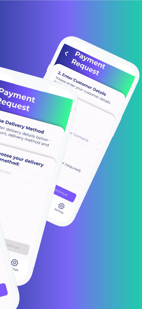 Interface of the Go Get Paid app showing the steps to create a payment request and enter customer details on a mobile device