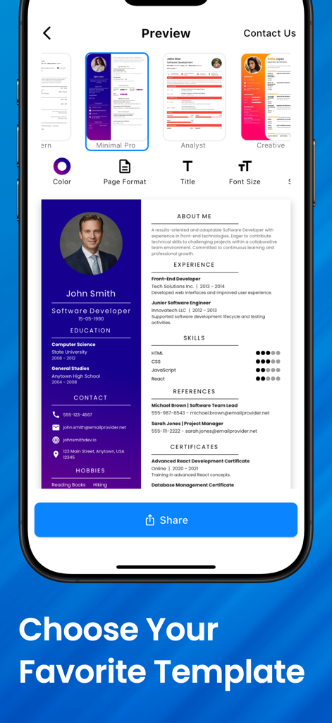 Eine mobile App-Oberfläche, die professionelle Lebenslaufvorlagen und eine Live-Vorschau eines Softwareentwickler-Lebenslaufs anzeigt.