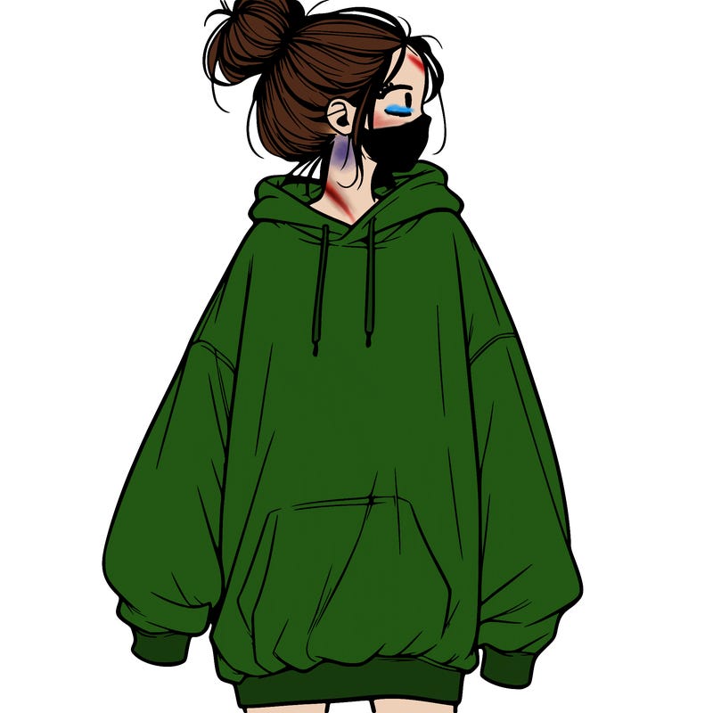 realistic girl with a oversized sweatshirt on and a bun