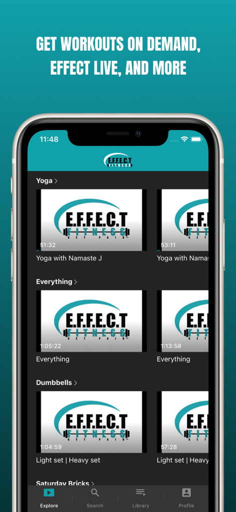 Effect Fitness On Demand - Effect Fitness On Demand app interface displaying workout categories including Yoga and Dumbbells with on demand video sessions.